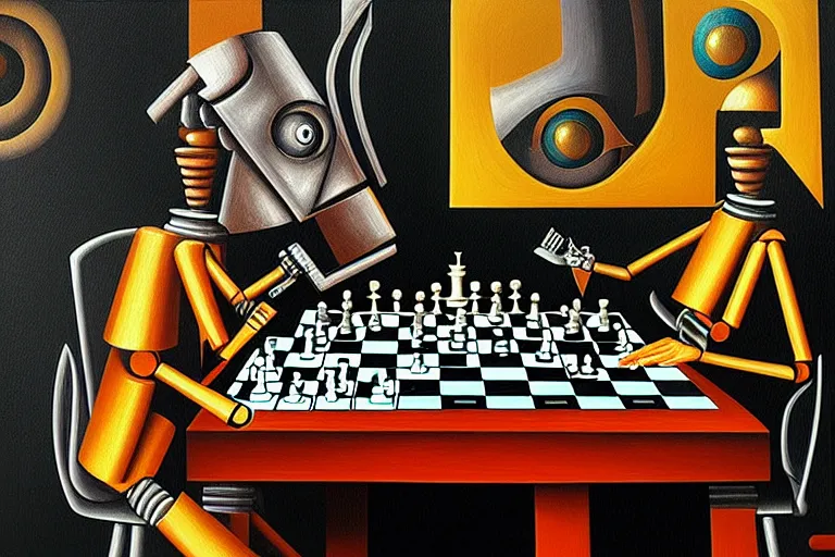 Image similar to portrait of a robot playing chess, highly detailed, painting by otto dix, 8 k