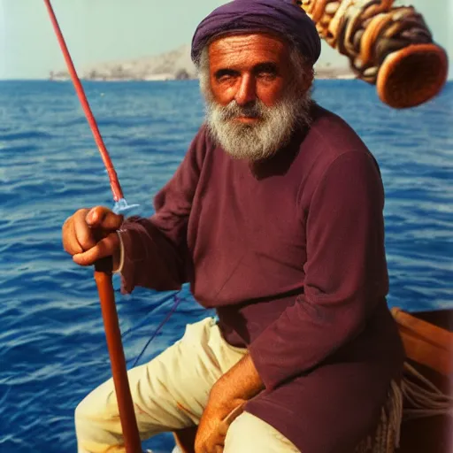 Prompt: color film of a professional portrait photo of a mediterranean fisherman