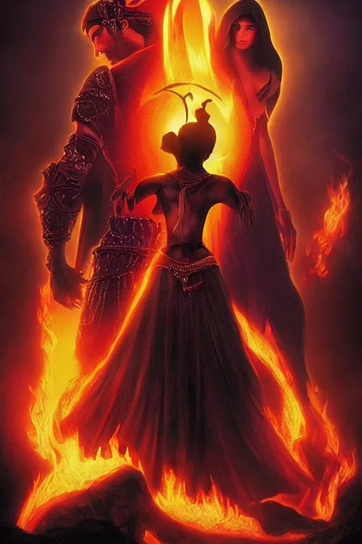 Image similar to a 2 0 2 2 art work of prince of persia 2 : the shadow and the flame, showing the prince hugs the princess while the villain watching from behind, vivid colors, movie poster vibe