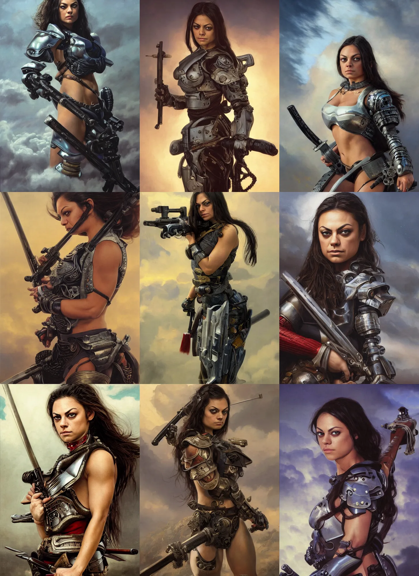 Image similar to extremely muscled cute mila kunis closeup portrait of a beautiful biblical diabolical samurai girl holding a rifle, cyborg armor, in clouds, cinematic studio light, windy, sunrise, by gerald brom, by mikhail vrubel, by peter elson, muted colors, extreme detail, trending on artstation, 8 k