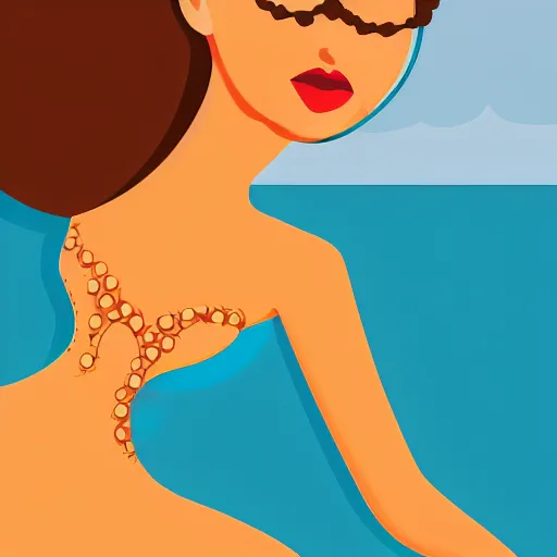 Prompt: a beautiful flat illustration of a woman on the beach in swimsuit by hed kandi, adobe illustrator