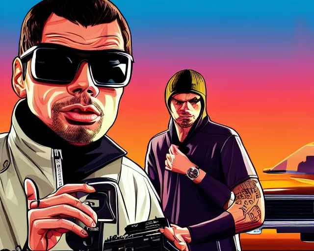 Prompt: Orelsan GTA V loading screen illustration in the style of Stephen Bliss, Orelsan very detailed illustration, Orelsan trending on artstation, Orelsan trending on deviantart, symmetrical face Orelsan