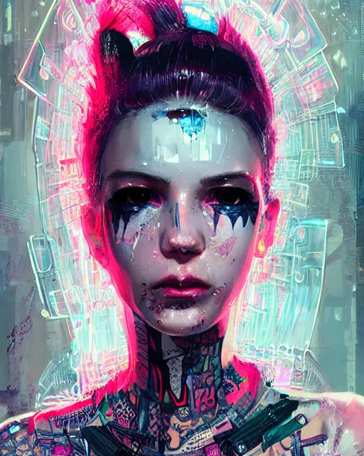 Image similar to detailed portrait Punk Girl cyberpunk futuristic ((neon)) tattoes, yakuza, styled hair Reflective puffy sheen film jacket, decorated traditional ornaments by ismail inceoglu dragan bibin hans thoma greg rutkowski Alexandros Pyromallis Nekro Rene Margitte illustrated Perfect face, fine details, realistic shaded, fine-face, pretty face