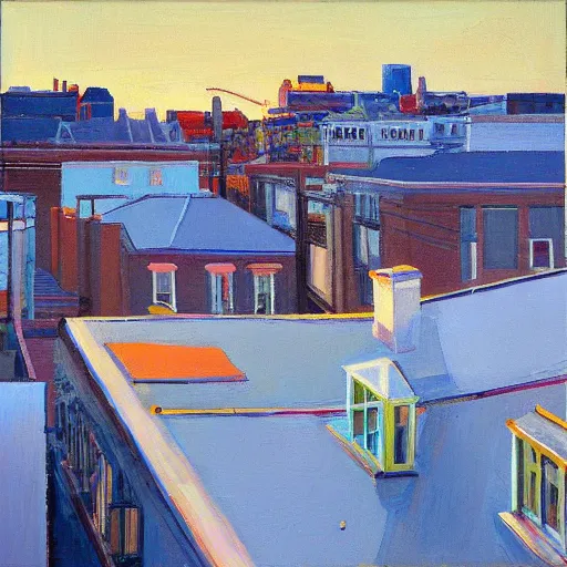 Prompt: Brighton roof tops looking west, evening light, painted by Wayne Thiebaud