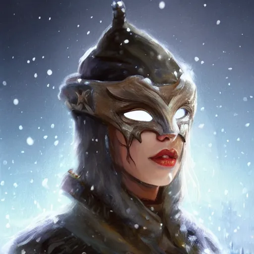 Image similar to a fantasy snow bandit from ‘ icewind dale ’ with mask, frost gem, ‘ icewind dale 2 ’ profile portrait by ‘ justin sweet ’, falling snow, soft focus, illustration, oil paint, artstation