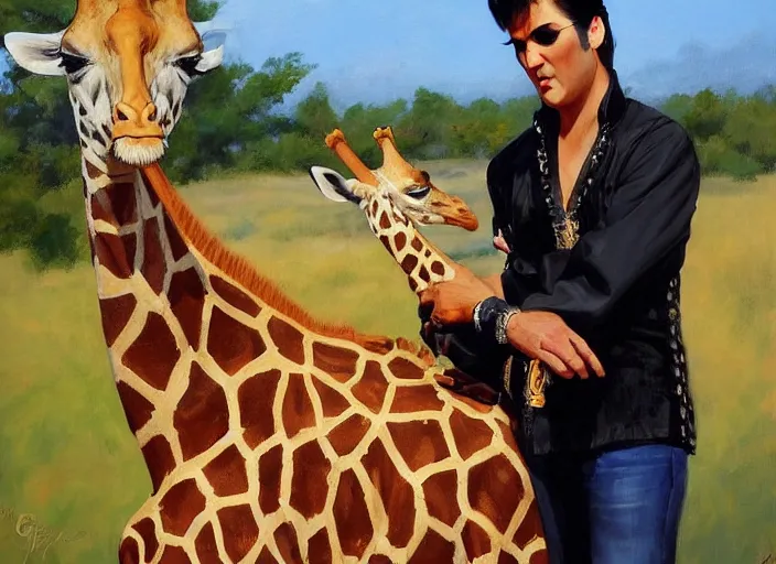 Image similar to a highly detailed beautiful portrait of elvis presley with a giraffe, by gregory manchess, james gurney, james jean