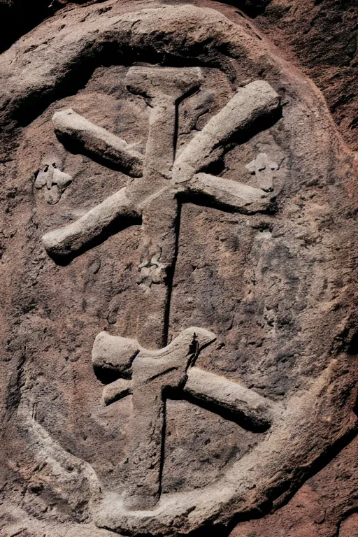 Image similar to 4 k photography of petroglyphs representing crosses, ufo, yin yang symbol on a cave