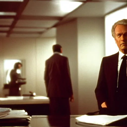 Prompt: an older corporate executive, film still from a ridley scott sci - fi movie, dark and beige atmosphere, dark science fiction from the 1 9 8 0 s