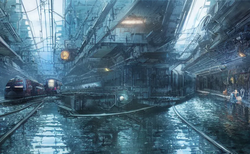 Image similar to An urban train rides inside of a waterway on a fantasy city, hyperrealistic mixed media, stunning 3d render inspired art by P. Craig Russell and Barry Windsor-Smith + perfect facial symmetry + dim volumetric lighting, 8k octane beautifully detailed render, post-processing, extremely hyperdetailed, intricate futuristic mechanic parts, epic composition, grim yet sparkling atmosphere, cinematic lighting + masterpiece, trending on artstation