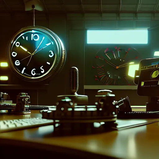 Image similar to clocks in the main office of the time saving bank, cyber punk, retro machinery, futuristic hi-tech details, art by anthony macbain + greg rutkowski + jean giraud, concept art, 4k, sharp focus, cinematic render unreal engine