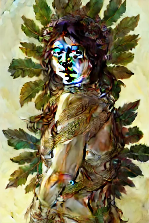 Prompt: beautiful ancient girl in makeshift leaf armor, highly detailed, digital painting, artstation, sharp focus, illustration, art by tan zi and ayanamikodon and alphonse mucha and wlop