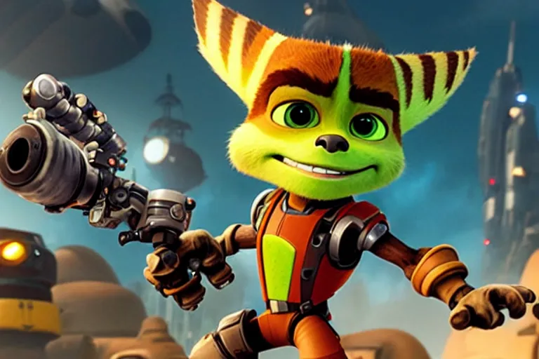 Image similar to live action film still of ratchet and clank in the new sci - fi movie