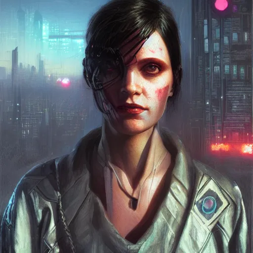 Image similar to molly from neuromancer, extremely detailed portrait of a young cyberpunk woman, eye implants, sunset, cyberpunk city background, painted by seb mckinnon, high detail, digital art, painted by greg rutkowski, trending on artstation