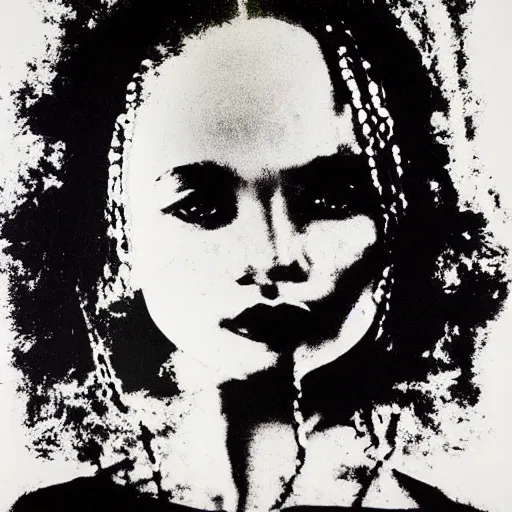 Image similar to screenprint solarized portrait of zoe kravitz by andy warhol