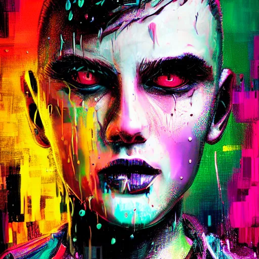 Prompt: splashes of neon, mowhawk, punk portrait made out of paint with rain in the background, trending on artstation, epic composition, emotional, beautiful, rendered in octane, highly detailed, realistic, tim burton comic book art, sharp focus, matte painting