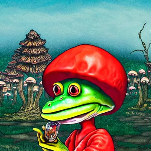 Image similar to A centered waist up portrait of a scary psychedelic godlike anthropomorphic frog smoking tobacco , magic mushroom village in background . award winning. superb resolution. in the art style of junji Ito and greg rutkowski . Detailed Mushroom city in background. Hyper realistic anime. Perfect art. Dalle2