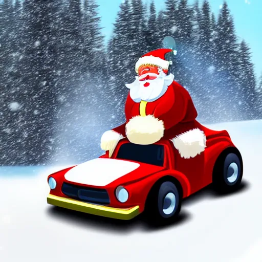 Image similar to Santa Clause driving a rally car he is going fast there is smoke coming from the tires there is snow on the track you can clearly see Santa Clause driving he is fat and jolly, realistic lighting, realistic shadows, highly reflective, photo realistic, hyper realistic