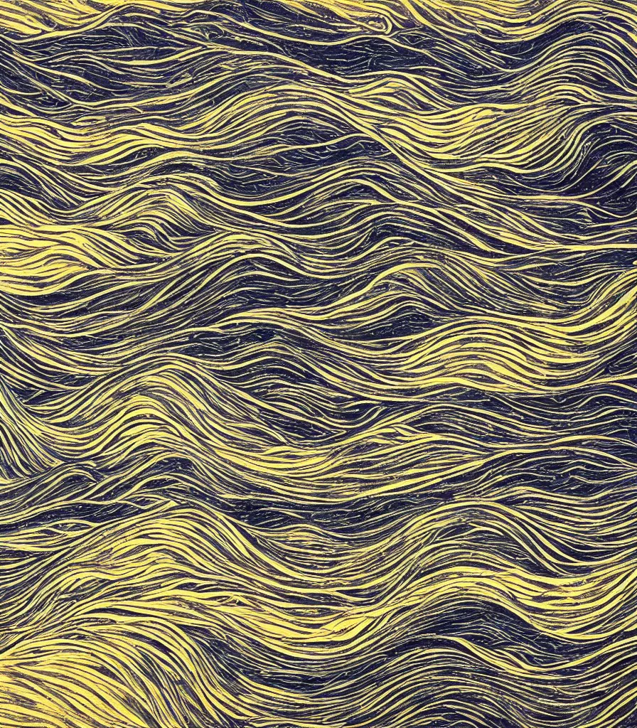 Image similar to a beautiful painting of symmetric waves on the coast, lineart, charcoal sketch, extremely fine finish, high detail, simple style, golden acrylic highlights