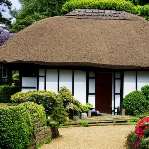 Prompt: photo of a cozy English cottage with Japanese roof, flower garden