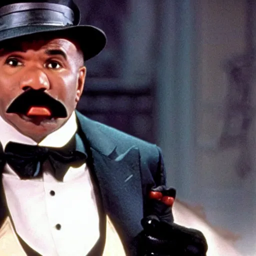 Image similar to a screen still of steve harvey playing the penguin in batman returns