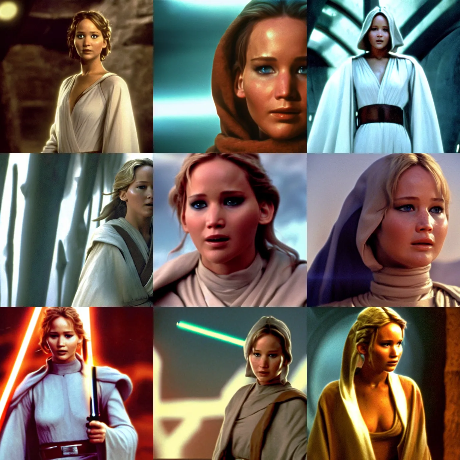 Prompt: Jennifer Lawrence as Jedi Knight Obi-Wan Kenobi, film still from the original Star Wars
