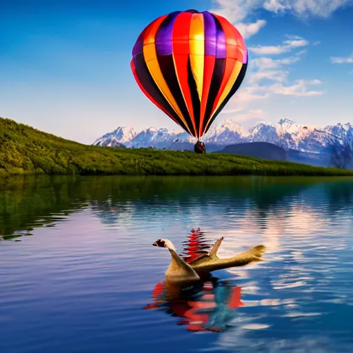 Image similar to photo of two black swans touching heads in a beautiful reflective mountain lake, a colorful hot air balloon is flying above the swans, hot air balloon, intricate, 8k highly professionally detailed, HDR, CGsociety