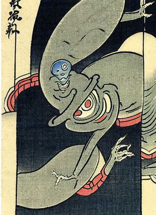 Image similar to a grey alien as a yokai illustrated by kawanabe kyosai and toriyama sekien