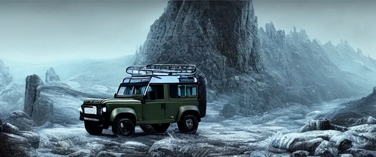 Image similar to Land Rover Defender 110 (1985), an epic fantasy, dramatic lighting, cinematic, establishing shot, extremely high detail, photorealistic, cinematic lighting, artstation, by simon stalenhag, The Elder Scrolls V: Skyrim, Whiterun Hold, Dragonsreach in the distance, Battle for Whiterun, Stormcloaks vs Imperials, Swarms of Stormcloaks and Imperials fighting eachother, Skyrim Civil War