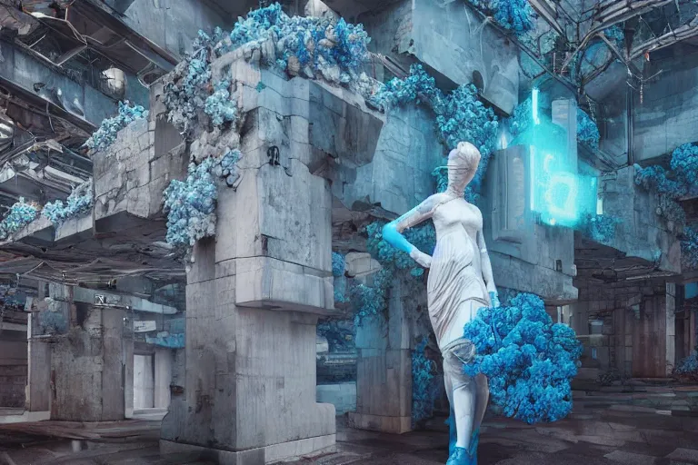 Image similar to marble statue covered in blue flowers, cyberpunk art by mike winkelmann, trending on cgsociety, retrofuturism, reimagined by industrial light and magic, darksynth, sci - fi