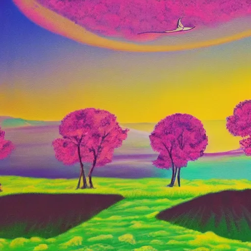 Prompt: a landscape with a purple sun with cotton candy trees flying ducks