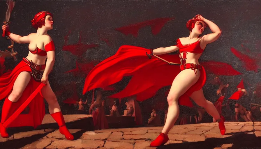 Image similar to only with red, an armored female gladiator in a crowded roman amphitheatre, crowd cheering, in the style of rolf armstrong and ambrosius benson and edward hopper and and rodcenko, intricate and epic composition, red by caravaggio, highly detailed, masterpiece, red light, artstation