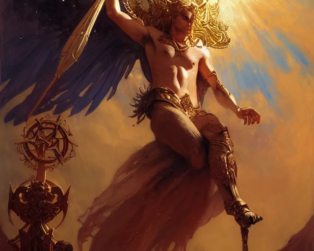 Image similar to attractive pagan male deity, casting chaos magic, summoning handsome lucifer morning star. highly detailed painting by gaston bussiere, craig mullins, j. c. leyendecker 8 k