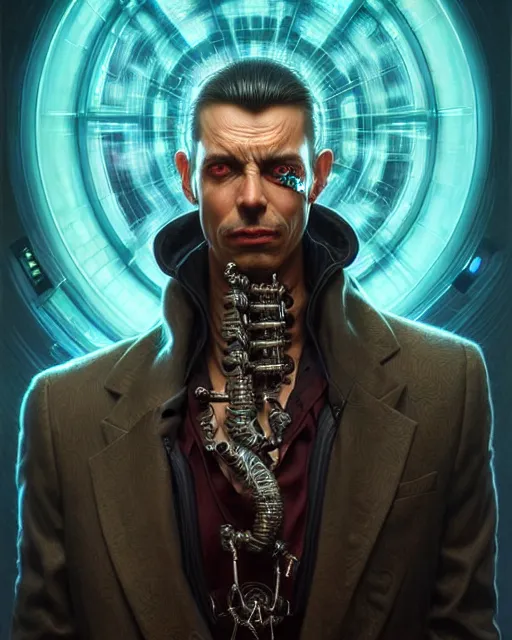 Image similar to front shot of a cyberpunk criminal mastermind character, intricate, elegant, highly detailed, centered, digital painting, artstation, concept art, smooth, sharp focus, illustration, artgerm, Tomasz Alen Kopera, Peter Mohrbacher, donato giancola, Joseph Christian Leyendecker, WLOP, Boris Vallejo, mugshot!!!!!, ugly!!!!!!