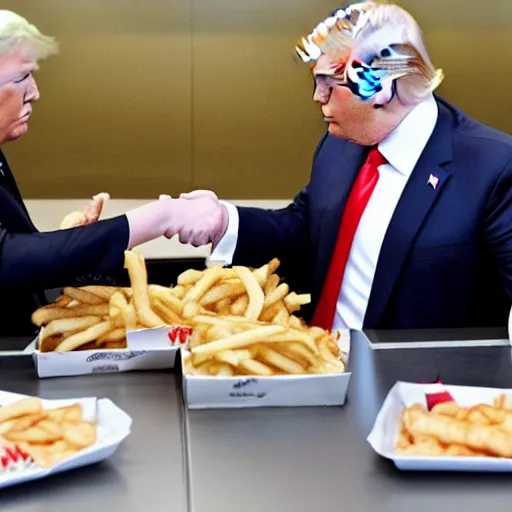 Prompt: donald trump and kim jong un shaking hands while eating burgers at mcdonalds