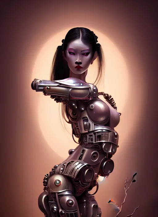 Image similar to organic seductive Geisha cyborg, pearlescent skin, diffuse lighting, fantasy, intricate, elegant, highly detailed, lifelike, photorealistic, digital painting, artstation, illustration, concept art, smooth, sharp focus, art by John Collier and Albert Aublet and Leonardo da vinci and Krenz Cushart and Artem Demura and Alphonse Mucha