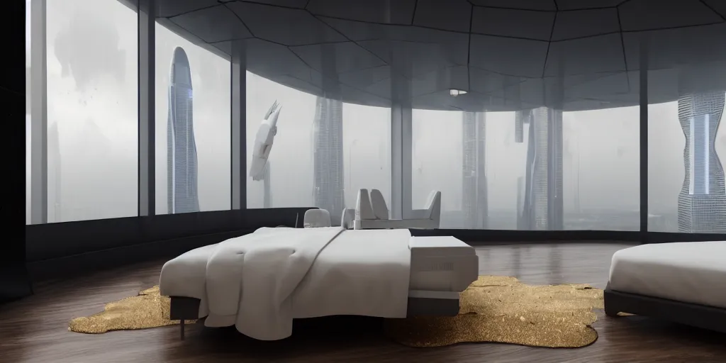 Prompt: a futuristic confy white bedroom, with wood and gold details and a huge glass window overlooking blade runner 2 0 4 9 city architecture, space x starship rocket launch site, environmental lighting, stormy weather, ray tracing, amazing view, highly detailed, heavy traffic, neon shops, octane render, unreal engine 5, 4 k