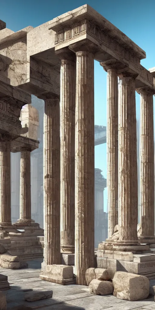 Prompt: ancient greek city, sunny day, marble columns, by ilya kuvshinov, rtx rendering, octane render 1 2 8 k, maya, extreme high intricate details by tom bagshaw, medium shot, composition by sana takeda, lighting by greg rutkowski