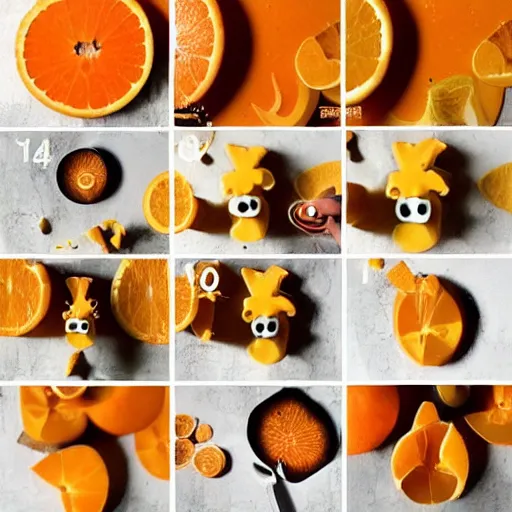 Prompt: making of an edible giraffe from an orange in 4 steps, each step is a progression from the last, starting from a whole orange, the beautiful'how to make food art step by step collection ', dslr