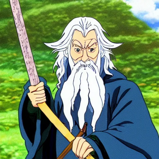 Image similar to gandalf from the anime lord of the rings (1986), holding a wooden staff, studio ghibli, very detailed, realistic