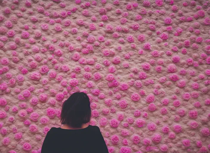 Image similar to photography, close-up of the back of a woman\'s head with interwoven flowers in center against a pink wall, daylight, 35mm