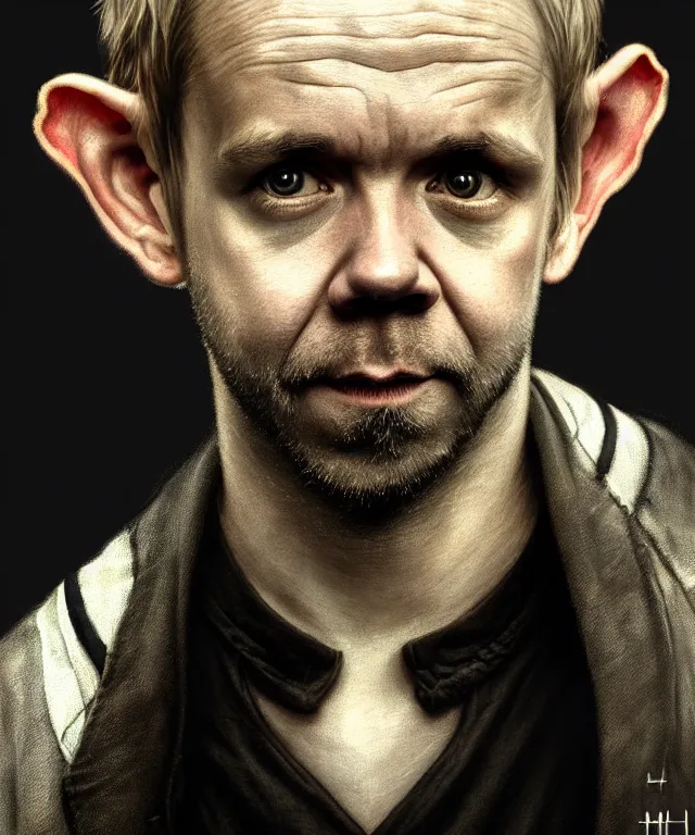 Prompt: a detailed fifty mm portrait of dominic monaghan as a hobbit in a black adidas track suit with white stripes, headshot, highly detailed, digital painting, artstation, concept art, sharp focus, cinematic lighting, illustration, art by met mangindaan, artgerm and greg rutkowski, alphonse mucha, cgsociety