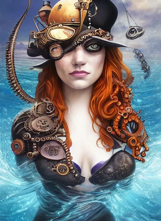 Image similar to steampunk pirate portrait of emma stone, underwater, octopus, pixar style, by tristan eaton stanley artgerm and tom bagshaw.