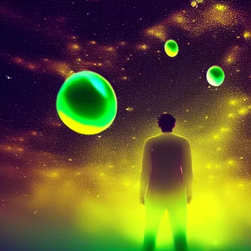 Prompt: a human hand holding a bunch of glass bubbles in a cosmos space full of stars and clouds, volumetric light, green and yellow colors, digital art, artstation