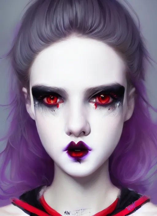 Image similar to portrait of white teenage girl, normal face, white bangs, mall goth, cyberlox, black and white hair, bangs, fluffy bangs, red contact lenses, purple lipstick, intricate, elegant, highly detailed, digital painting, artstation, concept art, sharp focus, smooth, illustration, art by wlop, mars ravelo and greg rutkowski