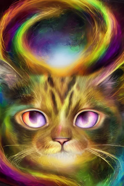 Image similar to Recursive image with a well rounded Calico feline, large eyes, shiny soft fur, anatomically correct, surrounded by swirling wisps of jelly, oil pastels and gold, anime, cartoon, modeled in Poser, Redshift render, UHD