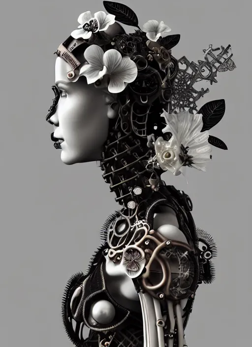 Prompt: monochrome 3 d model, steampunk biomechanical beautiful young female cyborg with porcelain profile face and a techno eye, volumetric light, leaves foliage and stems, hibiscus flowers, boho floral vines, sinuous fine roots, fine foliage lace, alexander mcqueen, rim light, big gothic fashion pearl embroidered collar, octane render, 8 k