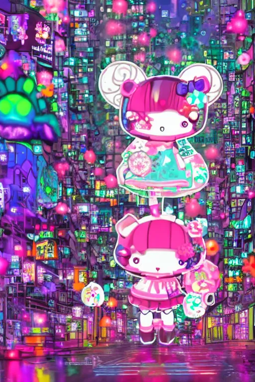 Image similar to cybergoth decora glitchcore yokai girl, sanrio ornaments, pastel cute cinematography | neo hong kong, rainy atmosphere, night time, bright lights, colorful signs, busy streets, high res, kowloon | old ancient chinese website full of spam. internet explorer window is glitching out. mum wtf