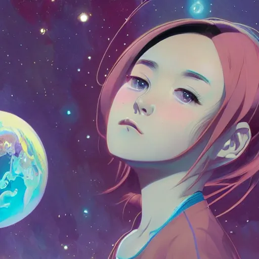 Image similar to A cosmic girl with big and cute eyes, holding the earth || VERY ANIME, fine-face, realistic shaded perfect face, fine details. Anime. realistic shaded lighting poster by Ilya Kuvshinov katsuhiro otomo ghost-in-the-shell, magali villeneuve, artgerm, Jeremy Lipkin and Michael Garmash, Rob Rey and Kentarõ Miura style, trending on art station