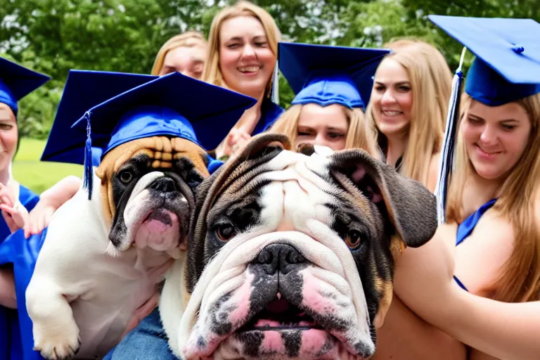 Image similar to a crowd of high school graduates petting an english bulldog wearing a crown