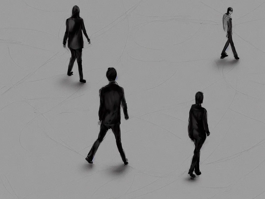 Prompt: a human walking intersected by hundreds of normal curves in the background, digital art, trending on art station